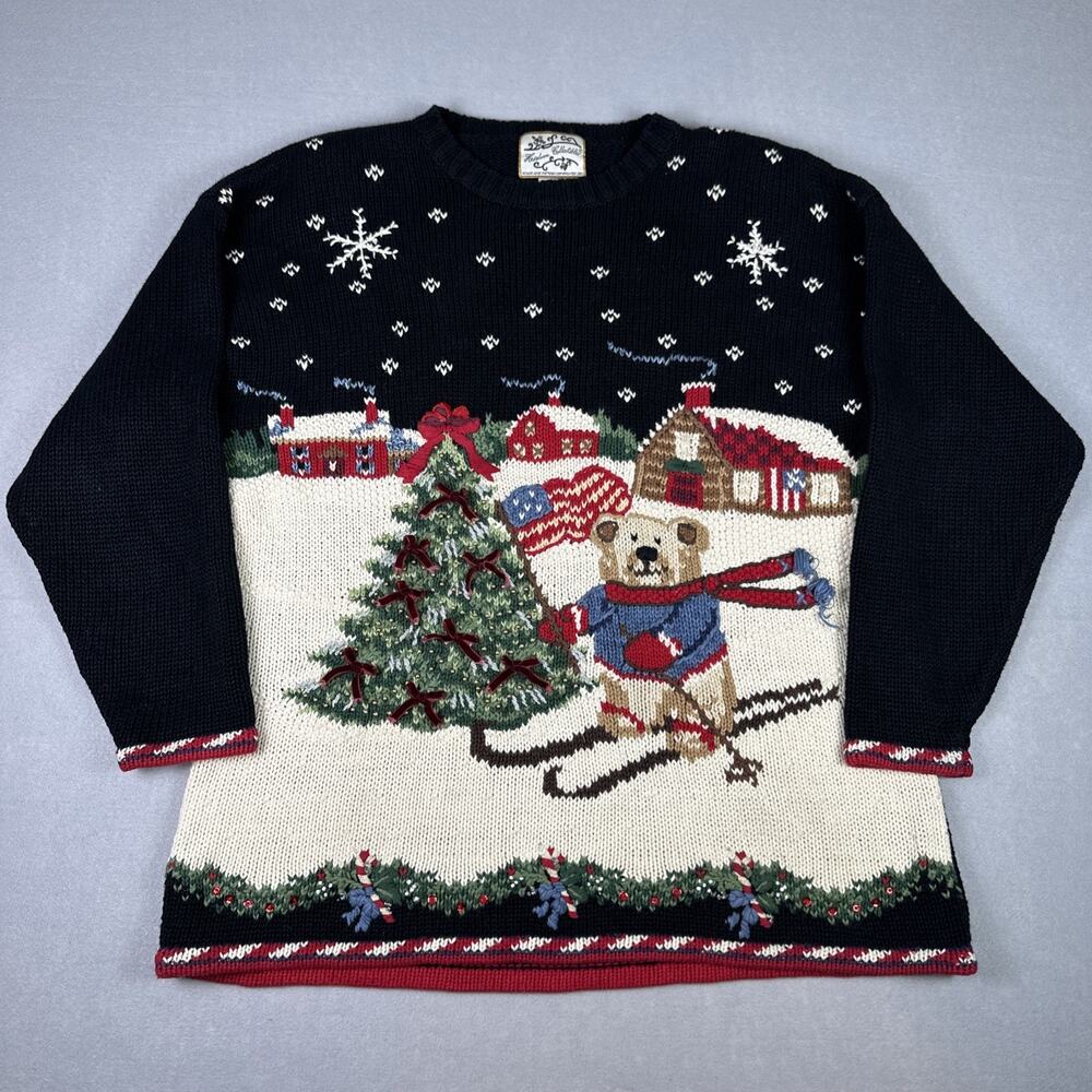 Vintage Heirloom Collectibles Bear Skiing Christmas Pullover Sweater Size Large